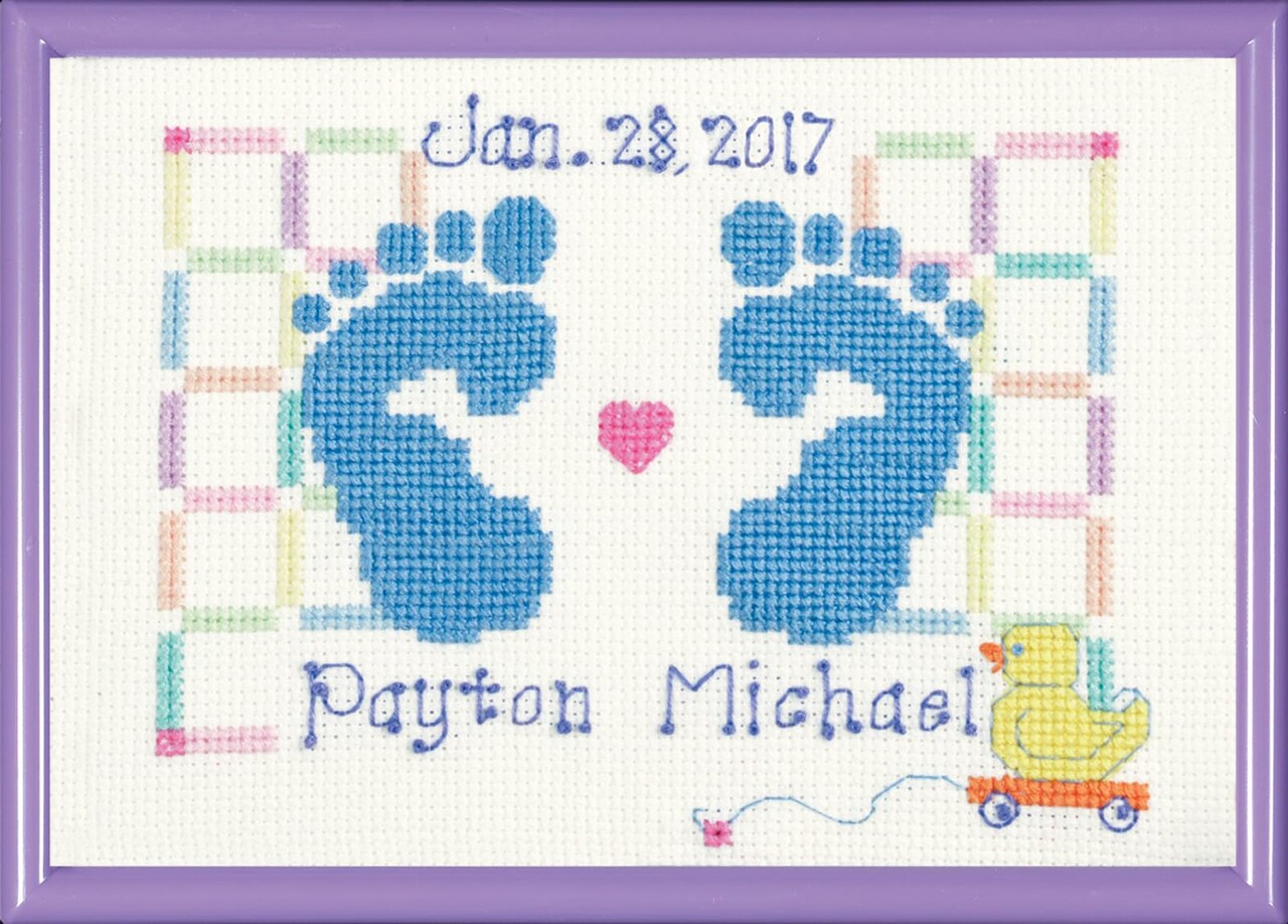 Counted Cross Stitch Kit, Baby Feet Birth Announcement Blue, By the yard